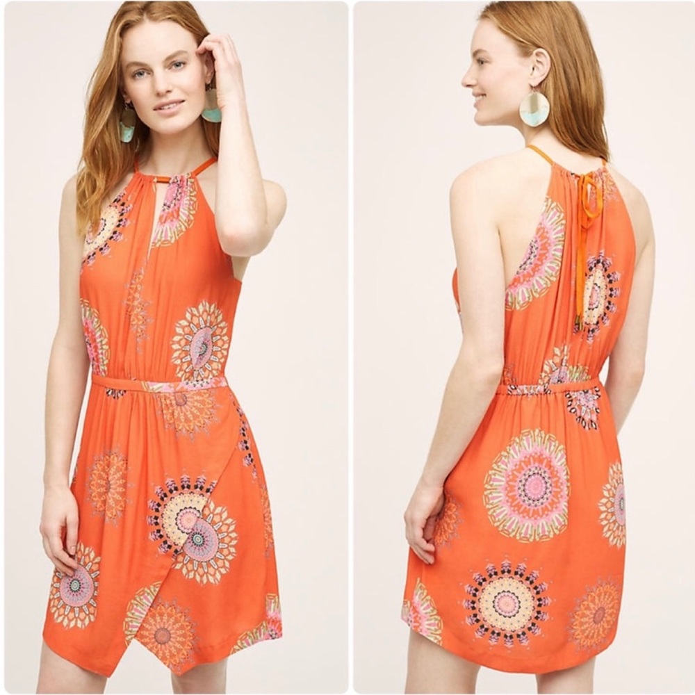 Anthropologie Floreat Livia Orange Halter Dress